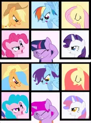 Size: 1110x1512 | Tagged: safe, derpibooru import, applejack, fluttershy, pinkie pie, rainbow dash, rarity, twilight sparkle, oc, oc:curlwhirl, oc:dagger, oc:dead goth, oc:gunshot, oc:killerlane, oc:sire bliss, earth pony, pegasus, pony, unicorn, season 1, the ticket master, after, before, before and after, comparision, earth pony oc, evil oc, evil ocs, horn, mane six, multicolored hair, pegasus oc, recolor, unicorn oc, wings