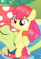 Size: 430x608 | Tagged: safe, derpibooru import, screencap, apple bloom, granny smith, earth pony, pony, leap of faith, adorabloom, bow, cropped, cute, elderly, female, filly, floatie, hair bow, piggyback ride, smiling, solo focus, wet, wet mane