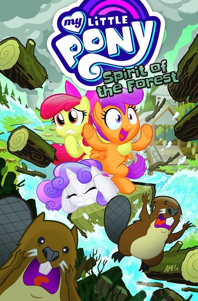 Size: 1054x1600 | Tagged: safe, artist:tonyfleecs, derpibooru import, idw, apple bloom, scootaloo, sweetie belle, beaver, earth pony, pegasus, pony, unicorn, spirit of the forest, spoiler:comic, bipedal, cover, cowering, cutie mark crusaders, dam, eyes closed, female, filly, frown, gritted teeth, hoof over mouth, horrified, log, prone, river, scared, screaming, this will end in tears and/or death and/or covered in tree sap, underhoof, water, wide eyes, worried