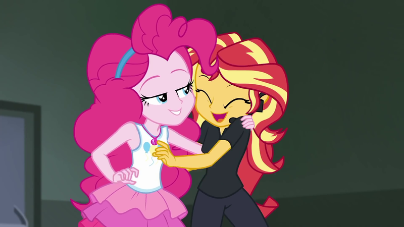 Size: 1920x1080 | Tagged: safe, derpibooru import, screencap, pinkie pie, sunset shimmer, all the world's off stage, equestria girls, equestria girls series, all the world's off stage: pinkie pie, best friends, cute, duo, duo female, eyes closed, female, image, lidded eyes, open mouth, png, smiling