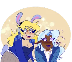 Size: 1280x1110 | Tagged: artist:cubbybatdoodles, bunny suit, clothes, dark skin, derpibooru import, derpy hooves, ditzy doo, elf ears, female, horn, horned humanization, human, humanized, lesbian, playboy bunny, safe, shipping, tripy, trixie, unicorns as elves, wing ears