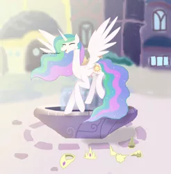 Size: 4263x4327 | Tagged: safe, artist:mr100dragon100, derpibooru import, discord, princess celestia, alicorn, canterlot, collar, crown, dislestia, female, fountain, hoof shoes, implied dislestia, implied shipping, implied straight, jewelry, male, mare, open mouth, regalia, shipping, straight