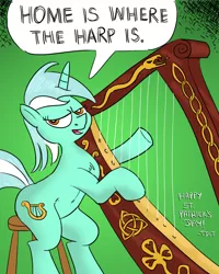 Size: 1000x1250 | Tagged: safe, artist:thedriveintheatre, derpibooru import, lyra heartstrings, pony, unicorn, chest fluff, dialogue, female, harp, holiday, lidded eyes, mare, musical instrument, pun, saint patrick's day, sitting, solo, speech bubble, stool