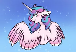 Size: 715x490 | Tagged: safe, artist:bean-bee, derpibooru import, princess flurry heart, alicorn, pony, blushing, bust, colored ears, colored wings, cute, flurrybetes, gradient background, looking back, multicolored wings, older, older flurry heart, profile, shoulder fluff, solo, spread wings, wing fluff, wings