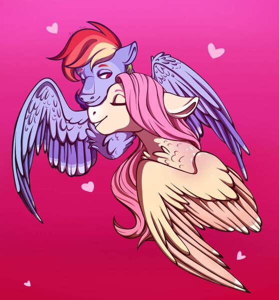 Size: 1000x1075 | Tagged: safe, artist:bean-bee, derpibooru import, fluttershy, rainbow dash, pegasus, pony, eyes closed, female, flutterdash, heart, lesbian, mare, pink background, shipping, simple background, smiling, wings