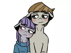 Size: 1024x767 | Tagged: safe, artist:lrusu, derpibooru import, maud pie, mudbriar, earth pony, pony, the maud couple, blushing, cute, eyebrows visible through hair, female, floppy ears, lidded eyes, male, mare, maudabetes, maudbriar, mudbriawww, shipping, simple background, stallion, straight, white background