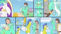 Size: 2560x1440 | Tagged: suggestive, artist:arareroll, derpibooru import, lyra heartstrings, princess celestia, alicorn, human, pony, unicorn, comic:sun-servant meets crowd, amused, blushing, comic, cute, cutelestia, eyes closed, female, floppy ears, holding a pony, human male, knight, l.u.l.s., lyrabetes, magic, magical stimulation, male, mare, royal guard, speech bubble, that pony sure does love humans