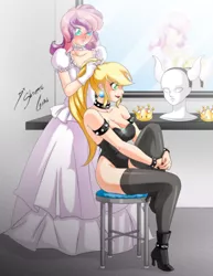 Size: 2153x2786 | Tagged: safe, artist:shinta-girl, derpibooru import, applejack, oc, oc:golden sheen, equestria girls, booette, boosette, bowsette, breasts, canon x oc, cleavage, clothes, cosplay, costume, couple, crossdressing, female, femboy, male, not sweetie belle, shipping, straight, trap