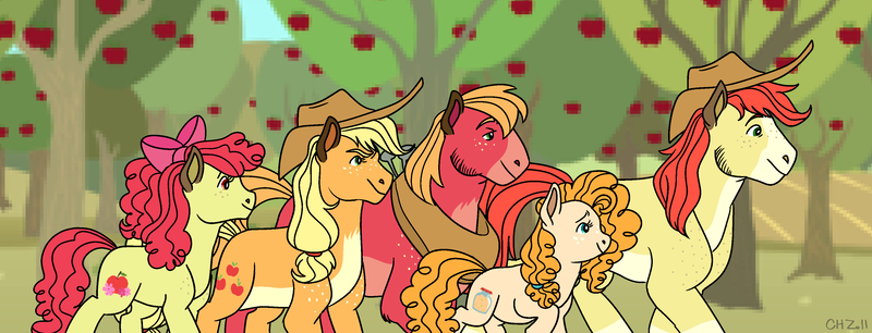 Size: 3400x1300 | Tagged: safe, artist:hateful-minds, derpibooru import, apple bloom, applejack, big macintosh, bright mac, pear butter, earth pony, pony, alternate design, apple, apple tree, family, female, food, male, mare, size difference, stallion, tree