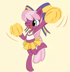 Size: 723x751 | Tagged: safe, artist:seirogan, derpibooru import, cheerilee, earth pony, pony, armpits, belly button, bow, cheeribetes, cheerileeder, cheerleader, clothes, cute, female, hair bow, mare, midriff, miniskirt, moe, on one hoof, one eye closed, open mouth, pixiv, pleated skirt, pom pom, skirt, solo, wink