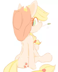 Size: 960x1200 | Tagged: safe, artist:seirogan, derpibooru import, applejack, earth pony, pony, cute, female, jackabetes, mare, pixiv, simple background, sitting, solo, straw in mouth, white background