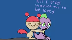 Size: 1334x750 | Tagged: safe, artist:undeadponysoldier, derpibooru import, spike, oc, oc:molly, dragon, canon x oc, comforting, crying, emotional, heartwarming, hug, sad, shipping, smolly, spikelove