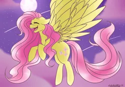 Size: 1038x718 | Tagged: safe, artist:nate-doodles, derpibooru import, fluttershy, pegasus, pony, chest fluff, cloud, cute, ear fluff, eyes closed, female, floppy ears, flying, full moon, large wings, mare, moon, night, open mouth, shooting star, shyabetes, sky, solo, spread wings, stars, wings