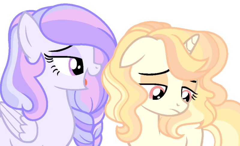 Size: 984x600 | Tagged: safe, artist:rosebuddity, derpibooru import, oc, oc:ambergold, oc:iridescent bloom, pegasus, pony, unicorn, female, magical lesbian spawn, mare, offspring, parent:applejack, parent:fluttershy, parent:rarity, parent:twilight sparkle, parents:rarijack, parents:twishy, simple background, transparent background