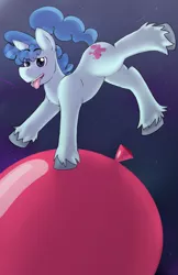 Size: 1658x2553 | Tagged: safe, artist:peachy-pudding, derpibooru import, party favor, pony, unicorn, backwards cutie mark, balloon, cute, eye clipping through hair, favorbetes, male, open mouth, size difference, solo, stallion, tiny, tiny ponies, tongue out, unshorn fetlocks