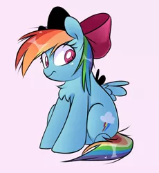 Size: 666x723 | Tagged: safe, artist:killasher, derpibooru import, rainbow dash, pony, bow, chest fluff, cute, dashabetes, female, hair bow, mare, pink background, simple background, sitting, solo