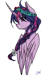 Size: 1024x1821 | Tagged: safe, artist:search1ngf0rmys01ace, derpibooru import, twilight sparkle, twilight sparkle (alicorn), alicorn, pony, alternate hairstyle, braid, bust, cute, eye clipping through hair, eyebrows visible through hair, floral head wreath, flower, flower in hair, portrait, profile, simple background, solo, twiabetes, white background
