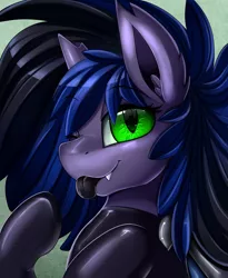 Size: 1446x1764 | Tagged: safe, artist:pridark, derpibooru import, oc, oc:kuro, bat pony, pony, :p, bat pony oc, bat wings, black tongue, bust, commission, female, green eyes, latex, mare, one eye closed, portrait, silly, solo, tongue out, wings, wink