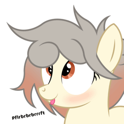 Size: 1000x1000 | Tagged: safe, artist:pizzamovies, derpibooru import, oc, oc:osha, unofficial characters only, earth pony, pony, :p, animated, blushing, bust, cute, eye shimmer, female, looking up, mare, ocbetes, onomatopoeia, pfft, portrait, raspberry, raspberry noise, silly, silly pony, simple background, smiling, solo, tongue out, white background