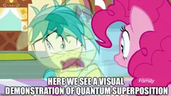 Size: 800x450 | Tagged: caption, derpibooru import, discovery family logo, edit, edited screencap, great moments in animation, image macro, interlaced, meme, physics, pinkie pie, quantum mechanics, quantum superposition, safe, sandbar, school daze, screencap, sugarcube corner, superposition, text