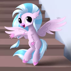 Size: 800x800 | Tagged: artist:songbirdserenade, classical hippogriff, cute, derpibooru import, diastreamies, female, hippogriff, open mouth, safe, silverstream, solo, spread wings, stairs, that hippogriff sure does love stairs, wings