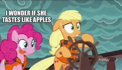 Size: 1600x922 | Tagged: safe, derpibooru import, edit, edited screencap, screencap, applejack, pinkie pie, earth pony, pony, ppov, applepie, caption, discovery family logo, duo, female, hatless, image macro, imminent licking, lesbian, lifejacket, mare, missing accessory, pinkie derp, shipping, storm, text, tongue out