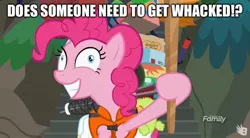 Size: 1600x884 | Tagged: caption, death threat, derpibooru import, discovery family logo, edit, edited screencap, image macro, pinkie derp, pinkie pie, ppov, safe, screencap, solo, stick, text, threat