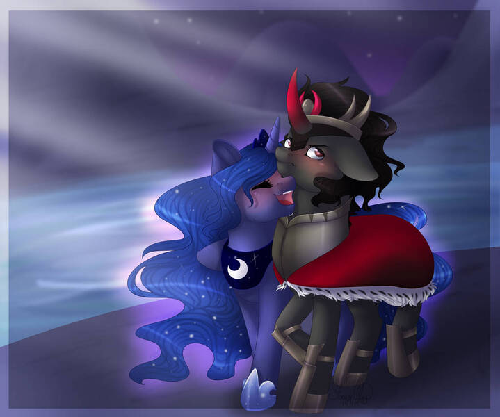 Size: 1024x854 | Tagged: safe, artist:dinkydoolove, derpibooru import, king sombra, princess luna, alicorn, pony, unicorn, blushing, blushing profusely, curved horn, cute, ethereal mane, female, flowing mane, grumpy, horn, jewelry, laughing, lumbra, lunabetes, male, mare, open mouth, regalia, scenery, shipping, smiling, sombradorable, stallion, starry mane, stars, straight, tsundere, walking, water