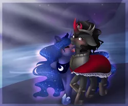 Size: 1024x854 | Tagged: safe, artist:dinkydoolove, derpibooru import, king sombra, princess luna, alicorn, pony, unicorn, blushing, blushing profusely, curved horn, cute, ethereal mane, female, flowing mane, grumpy, horn, jewelry, laughing, lumbra, lunabetes, male, mare, open mouth, regalia, scenery, shipping, smiling, sombradorable, stallion, starry mane, stars, straight, tsundere, walking, water