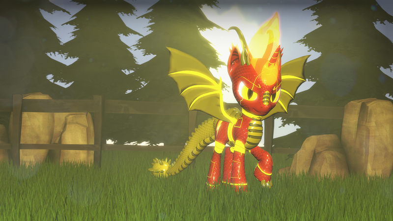 Size: 3840x2160 | Tagged: safe, artist:phoenixtm, derpibooru import, oc, oc:delta firedash, dracony, dragon, hybrid, pony, robot, robot pony, 3d, female, horns, scenebuild, solo, source filmmaker, spread wings, wings