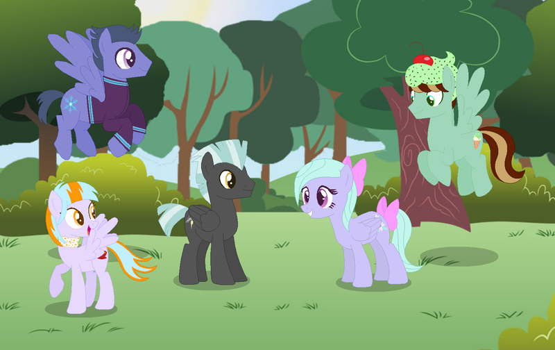 Size: 1556x980 | Tagged: safe, artist:razorbladetheunicron, derpibooru import, flitter, thunderlane, oc, oc:blizzard, oc:citrus surprise, oc:mint chip, pegasus, pony, lateverse, bow, clothes, daughter, female, group, hat, jacket, male, mare, next generation, offspring, parent:flitter, parent:thunderlane, parents:flitterlane, scarf, son, stallion