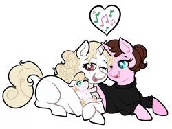 Size: 2000x1500 | Tagged: safe, artist:sirgalahadbw, derpibooru import, oc, oc:emma, oc:julia, oc:rosalind, pony, unicorn, baby, female, foal, lesbian, magical lesbian spawn, mother and child, mother and daughter, offspring, parents:oc x oc, singing