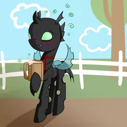 Size: 2500x2500 | Tagged: artist:upsidedownpanda, changeling, changeling oc, cider, derpibooru import, fence, oc, safe, solo, tankard, tree, unofficial characters only