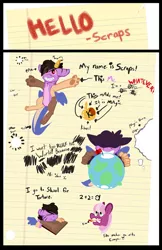 Size: 1243x1920 | Tagged: safe, artist:conmanwolf, derpibooru import, cheerilee, oc, oc:scraps, draconequus, earth pony, pony, comic:scraps of chaos, comic, flag, globe, golden apple, lined paper, school desk