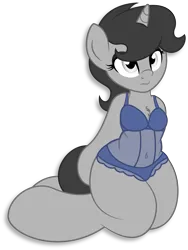 Size: 3809x5059 | Tagged: suggestive, artist:digiqrow, deleted from derpibooru, derpibooru import, oc, oc:dossier, unofficial characters only, pony, semi-anthro, unicorn, bra, bra on pony, chest fluff, clothes, female, kneeling, lingerie, panties, sheer lingerie, simple background, solo, solo female, transparent background, underwear