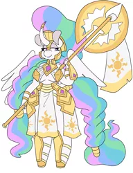 Size: 2148x2792 | Tagged: alicorn, anthro, armor, artist:inkystarz, breasts, busty princess celestia, clothes, curved horn, derpibooru import, fantasy class, female, helmet, horn, lidded eyes, princess celestia, simple background, smug, solo, solo female, suggestive, underboob, unguligrade anthro, warrior, warrior celestia, white background