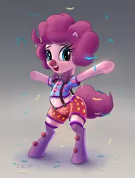 Size: 3147x4152 | Tagged: safe, artist:xbi, derpibooru import, pinkie pie, earth pony, pony, alternate hairstyle, belly button, bipedal, bowtie, clothes, clown, clown nose, clown outfit, commission, confetti, costume, female, frog (hoof), gradient background, huggable, looking at you, mare, open mouth, shorts, smiling, socks, solo, underhoof
