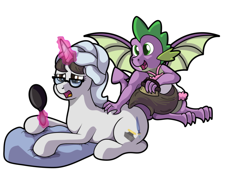 Size: 2010x1547 | Tagged: safe, artist:moonlightfan, derpibooru import, raven, spike, dragon, pony, unicorn, brush, female, glasses, interspecies, male, mare, mirror, ravenspike, shipping, simple background, straight, towel, transparent background, winged spike, wings