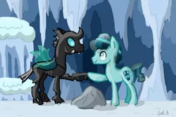 Size: 1095x730 | Tagged: safe, artist:elsarivrwood, derpibooru import, crystal hoof, thorax, changeling, pony, cave, disguise, disguised changeling, ice, rock, self ponidox, triality