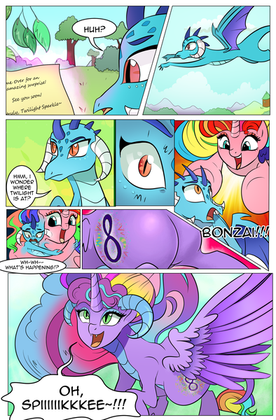 Size: 1800x2740 | Tagged: safe, artist:candyclumsy, artist:multi-commer, derpibooru import, applejack, fluttershy, pinkie pie, princess ember, rainbow dash, rarity, starlight glimmer, sunset shimmer, twilight sparkle, oc, alicorn, dracony, dragon, hybrid, pony, comic:the great big fusion, butt, comic, cutie mark, eyelashes, eyeshadow, fusion, fusion:empress eternal party, fusion:queen all nighter, hair bun, makeup, merge, merging, plot, size difference, the ass was fat, xk-class end-of-the-world scenario