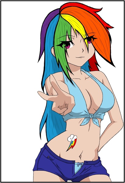 Size: 890x1304 | Tagged: alternative cutie mark placement, artist:zentwo, belly button, blue underwear, breasts, busty rainbow dash, cleavage, clothes, cutie mark on human, derpibooru import, female, front knot midriff, human, humanized, midriff, open fly, panties, peace sign, rainbow dash, ribbon, shorts, solo, solo female, suggestive, underwear