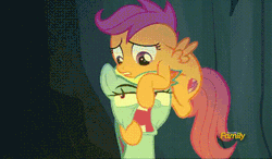 Size: 600x350 | Tagged: safe, derpibooru import, edit, edited screencap, editor:zeppo, screencap, rainbow dash, scootaloo, pegasus, pony, campfire tales, animated, detachable head, discovery family logo, disembodied head, duo, female, filly, frown, gif, gritted teeth, headless, holding a pony, hoof hold, lidded eyes, mare, mismatched eyes, modular, pony hat, scared, tongue out, unamused, wat, wide eyes