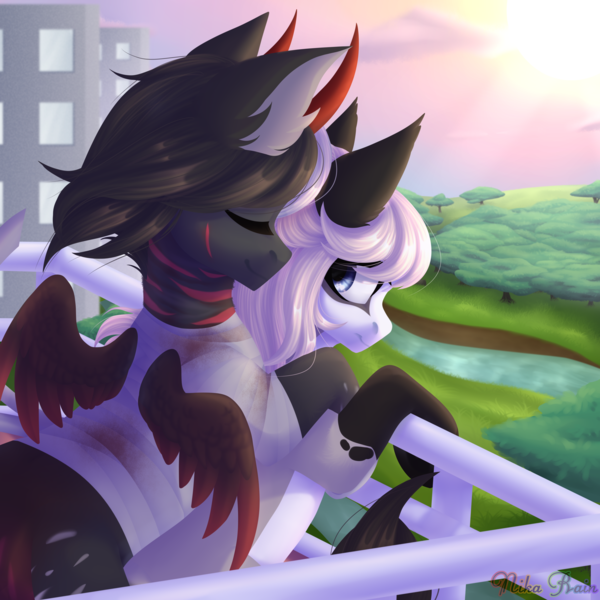 Size: 3000x3000 | Tagged: safe, artist:nika-rain, derpibooru import, oc, unofficial characters only, earth pony, pegasus, pony, commission, cute, dawn, duo, earth, forest, grass, half, modular, river