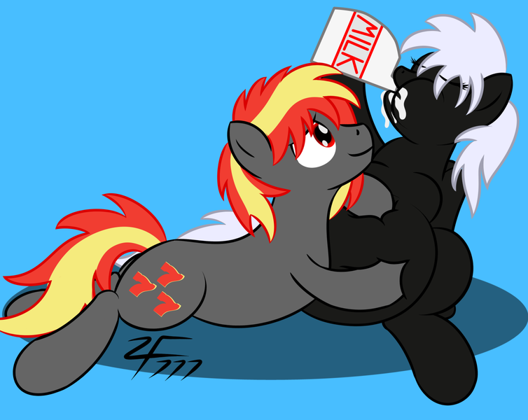 Size: 1280x1018 | Tagged: safe, artist:zeldafan777, derpibooru import, oc, oc:pewna, oc:slots, pony, belly, big belly, bloated, eyes closed, fat, female, hoof on belly, male, mare, messy drinking, messy eating, milk, sitting, squishy, stallion, stuffed, stuffed belly, that pony sure does love fatty, weight gain