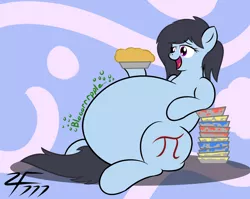 Size: 1280x1017 | Tagged: adorafatty, artist:zeldafan777, belly, big belly, bloated, cute, derpibooru import, fat, female, food, happy, huge belly, impossibly large belly, large belly, mare, obese, oc, oc:pepper dust, overeating, pie, plate, safe, soarin', stomach noise, stuffed, stuffed belly, that pony sure does love pies, weight gain