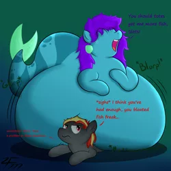 Size: 1280x1280 | Tagged: safe, artist:zeldafan777, derpibooru import, oc, oc:glacia, oc:slots, merpony, pony, adorafatty, belly, belly bed, big belly, bloated, dialogue, eyes closed, fat, female, happy, huge belly, implied feeding, impossibly fat mare, impossibly large belly, large belly, male, mare, morbidly obese, obese, open mouth, overeating, squishy, stallion, stomach noise, weight gain