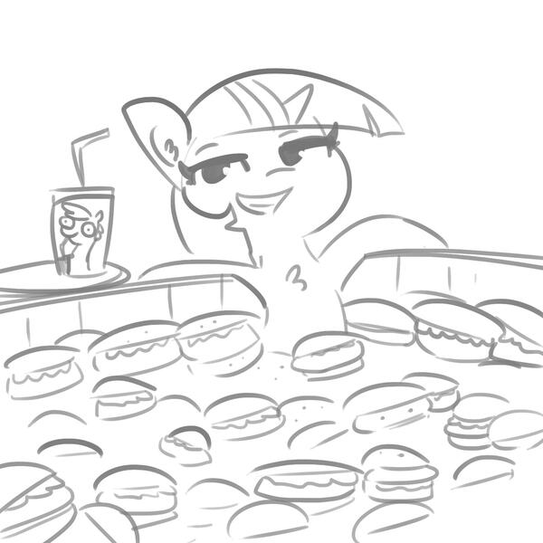 Size: 1650x1650 | Tagged: safe, artist:tjpones, derpibooru import, twilight sparkle, pony, unicorn, black and white, burger, chest fluff, drink, fast food, female, food, grayscale, hay burger, lineart, mare, monochrome, simple background, smiling, smug, solo, swimming pool, twilight burgkle, unicorn twilight, wat, white background