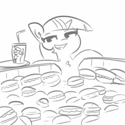 Size: 1650x1650 | Tagged: safe, artist:tjpones, derpibooru import, twilight sparkle, pony, unicorn, black and white, burger, chest fluff, drink, fast food, female, food, grayscale, hay burger, lineart, mare, monochrome, simple background, smiling, smug, solo, swimming pool, twilight burgkle, unicorn twilight, wat, white background