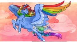 Size: 2443x1340 | Tagged: safe, artist:cigarscigarettes, derpibooru import, rainbow dash, pegasus, pony, cloud, colored hooves, colored wings, digital art, female, flying, mare, smiling, solo, spread wings, wings