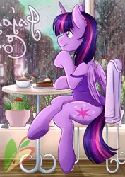 Size: 2480x3507 | Tagged: safe, artist:nana-yuka, derpibooru import, twilight sparkle, twilight sparkle (alicorn), alicorn, pony, cactus, cake, chair, clothes, coffee, cup, female, food, mare, rain, sitting, smiling, solo, table, window